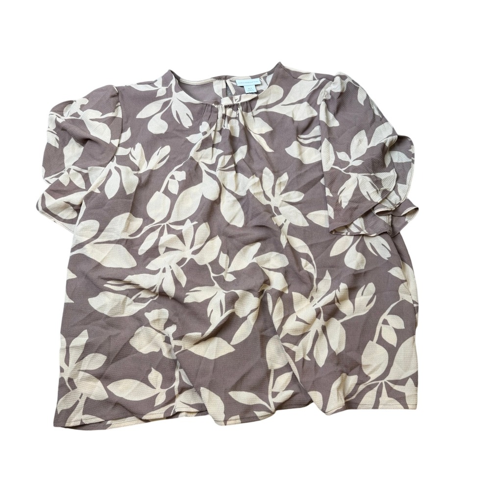 MSRP $48 Liz Claiborne Womens XL Tall Coffee Floral U Neck Blouse Short Sleeve